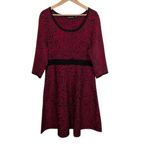 Nina Leonard Womens XL Sweater Dress midi Animal Print Red Black 50's Fit Flare
